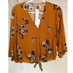 NWT Luq‎ Cazzi Tie Front Top Mustard Yellow Size XS